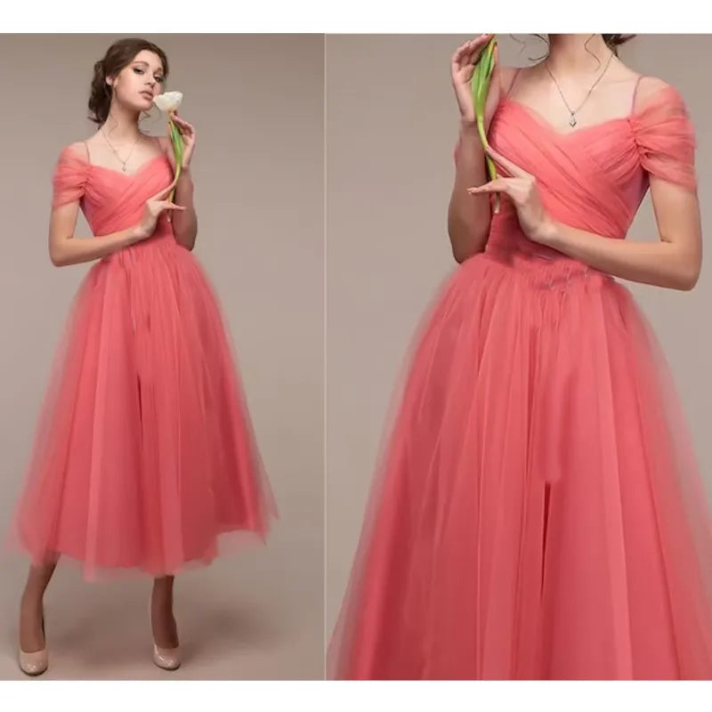 Women's Romantic Off Shoulder Ceremony Dresses Elegant Long Party Wedding Cocktail Bridesmaid Mesh Tulle Midi Wrap Gala Dress