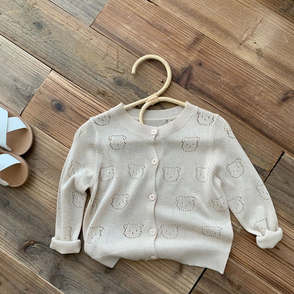 Simple Fashion Kid Air-Conditioned Cardigan: Solid Color Knitted Tops Hollow-Out Bear Sweater Coat Children Baby Boys Girls 0-6Y