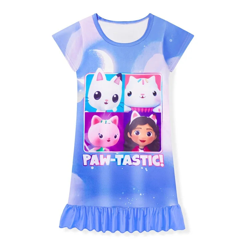 Gabby's Dollhouse Clothes Baby Girls Short Sleeve Pajamas Dress Kids Cartoon Gabby Cats Nightgown Child Party Princess Vestidos