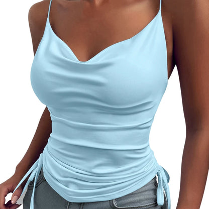 Women's Tank Top Suspender Solid Color Deep V-neck Tight-fitting Drawcord Design Summer Suspender Sky blue