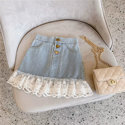 Summer Girls Skirts Jeans Baby Girl Sweet Lace Denim Skirt Fashion Kids Girls Party Skirt 2-14 Years Children Clothes 24M(90)