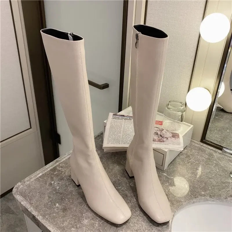 Women Warm Long Boots Woman Knee High Booties Ladies Shoes Platform Thick Heel PU Leather Soft Zipper Woman Fashion Winter 2023