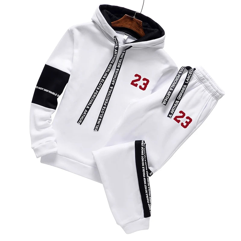 Mens Tracksuit Casual Hooded Sweatshirt+Pants 2 Pcs Sets Trend Black White Hot Sales Couple Clothing Outdoors Sport Jogger Suit White