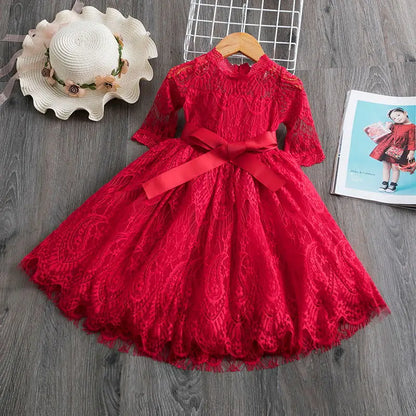 Princess Girl Dress Girls Clothes Long Sleeve Tulle Party Dresses for Girls Kids Lace Children Casual Clothing Baby Vestidos Red 2