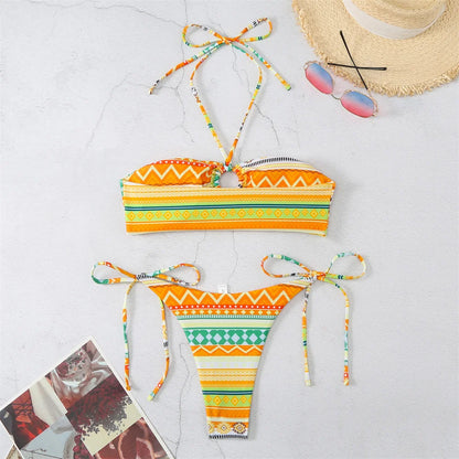 Boho Print Bikini Halter String Bandeau Swimsuit Separate Retro Trend Swimwear Y2K Beach Micro Tanga Women Vacation Bathing Suit