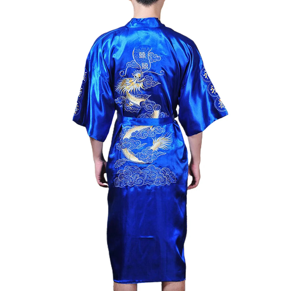 Men's Satin Robes Chinese Style Dragon Embroidery Kimono Silk-like Bathrobe Pajamas Sleepwear Gown Bath Robe