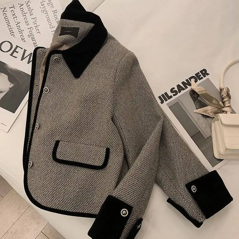 Women's 2022 New Autumn And Winter Plush Thickened Suit Coat Short Fashion Loose Versatile Grey Splice Casual Female Blazers