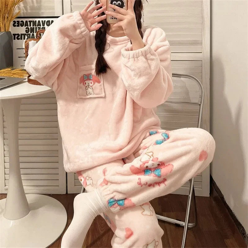 Kawaii Hello Kitty 2Pcs Plush Pajama Set Sanrioed Pochacco Cartoon Anime Winter Women Homewear Winter Thicken Girls Keep Warm