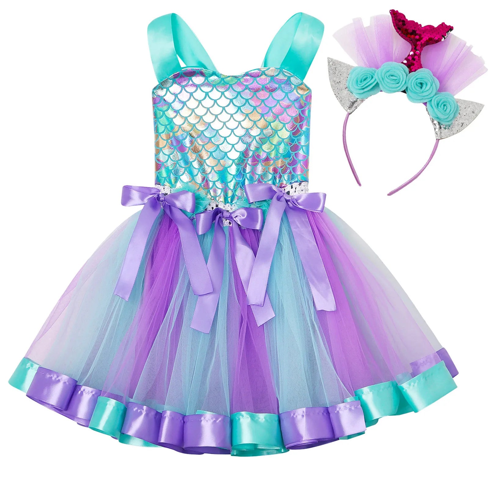 Kids Girls Cosplay Party Dress Princess Dress Up Mermaid Tulle Tutu Dresses Theme Birthday Party Costume with Flower Headband Lake Blue D