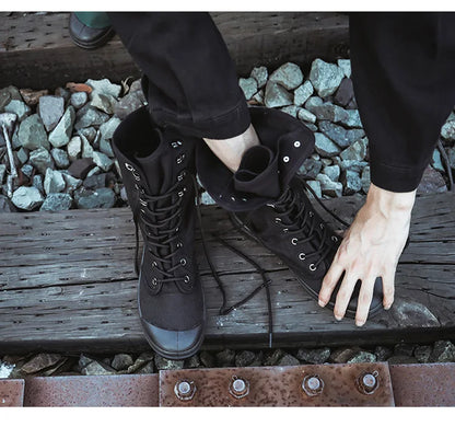 Mid-calf Men Canvas Boots Lace Up Tactical Men Shoes High top Sneakers Military Boots Work Shoes Jungle Mountaineering Shoes Men