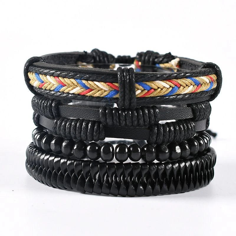 4Pcs/ Set Braided Wrap Leather Bracelets For Men Vintage Life Tree Rudder Charm Wood Beads Ethnic Tribal Wristbands 14