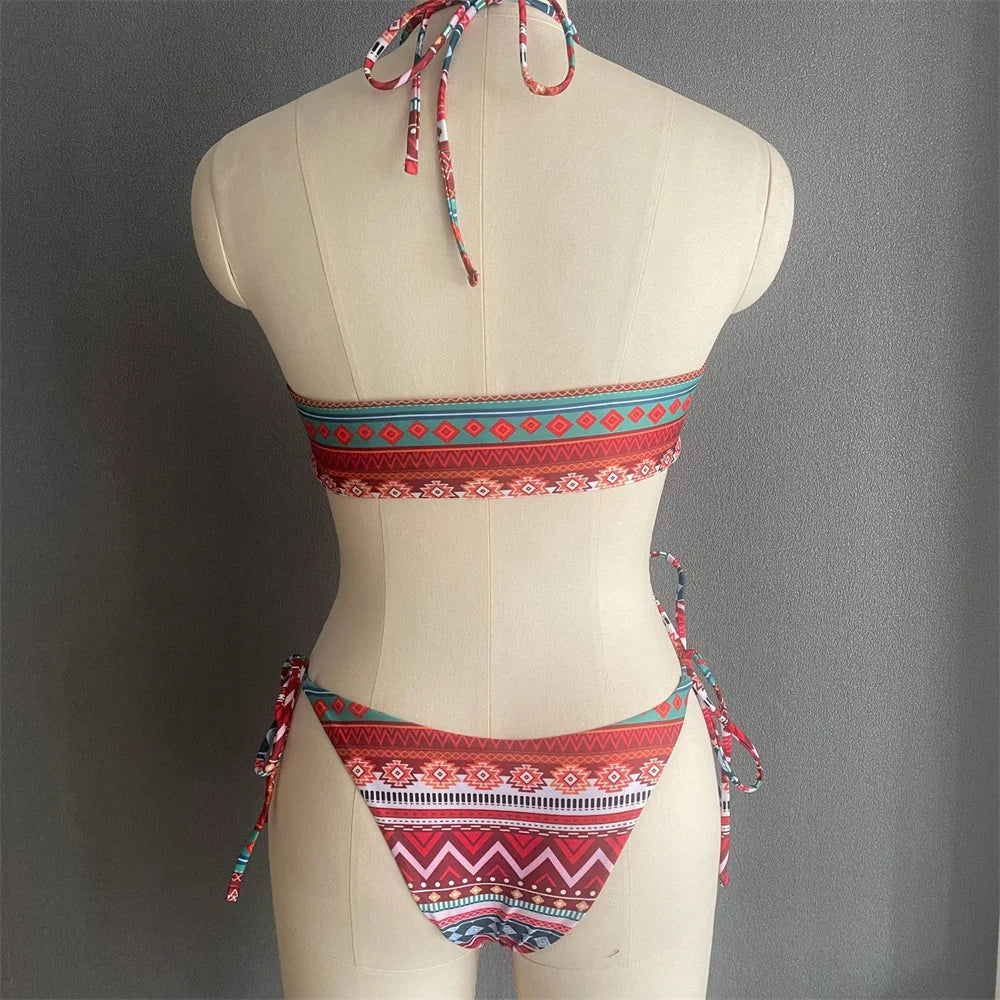 Boho Print Bikini Halter String Bandeau Swimsuit Separate Retro Trend Swimwear Y2K Beach Micro Tanga Women Vacation Bathing Suit