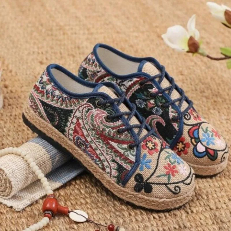 Women Shoes Round Head Cotton Linen Canvas Single National Woven Round Toe Lace Up Cloth Shoes Woman Flats Size 35-40 Blue