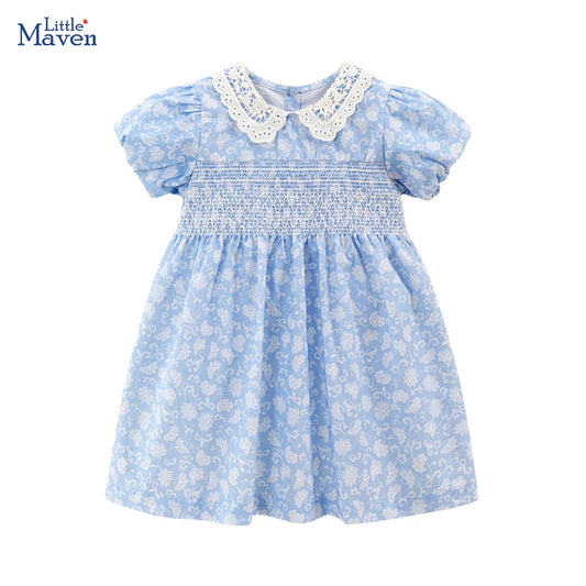 Little maven Party Dress Children's Clothing 2024 Baby Girls Blue Dresses Cartoon Flowers Summer Holiday Dresses Kids Clothes