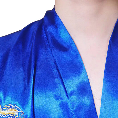 Men's Satin Robes Chinese Style Dragon Embroidery Kimono Silk-like Bathrobe Pajamas Sleepwear Gown Bath Robe