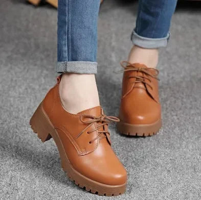 Spring\winter British Style Split Leather Women Square Heel Flat Platform Shoes Woman Lace-up Oxford Shoes for Women brown