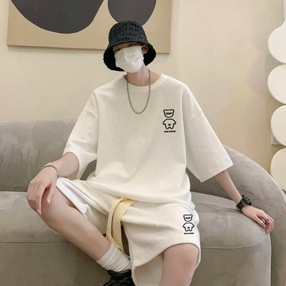 Korean Fashion Men Short Sets Hip Hop Rock Casual Short Suit Funny Bear Tshirts Shorts 2 Piece Set Summer Tracksuit Men 2023 New