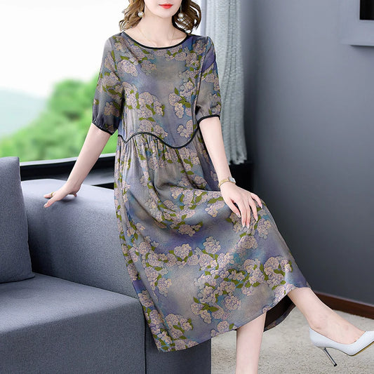 Female Floral Mulberry Silk Midi Dres Spring Summer Elegant Loose Waist Plus Size Dress 2024 Korean Vintage Casual Party Dresses Purple CHINA