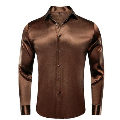 Hi-Tie Gold Luxury Mens Shirts Silk Jacquard High Quality Long Sleeve Lapel Shirt Casual Formal for Male Wedding Business Gifts