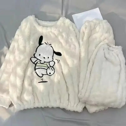 Kawaii Hello Kitty 2Pcs Plush Pajama Set Sanrioed Pochacco Cartoon Anime Winter Women Homewear Winter Thicken Girls Keep Warm