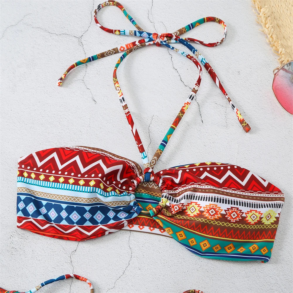 Boho Print Bikini Halter String Bandeau Swimsuit Separate Retro Trend Swimwear Y2K Beach Micro Tanga Women Vacation Bathing Suit