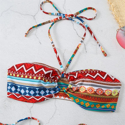 Boho Print Bikini Halter String Bandeau Swimsuit Separate Retro Trend Swimwear Y2K Beach Micro Tanga Women Vacation Bathing Suit