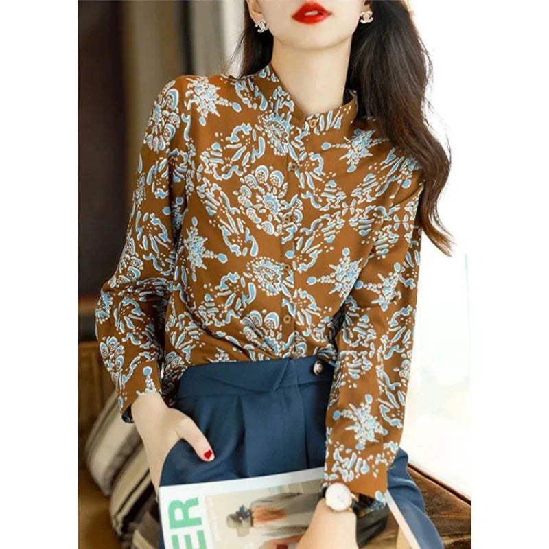 Spring Autumn New Fashion Stand Collar Long Sleeve Printing Blouses Women's Clothing Loose Western Style All-match Trend Shirts