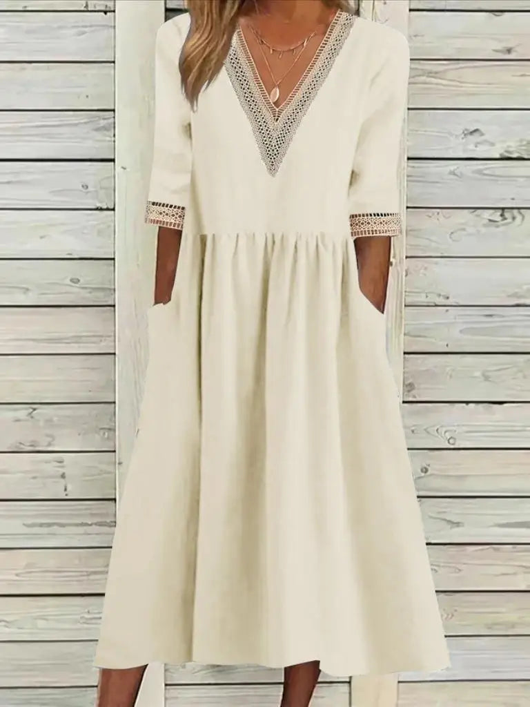 Women's Dress Summer New V-neck Half Sleeve Cotton Solid Pleated Elegant A-line Dress Fashion Casual Loose Vintage Long Dress milky CHINA