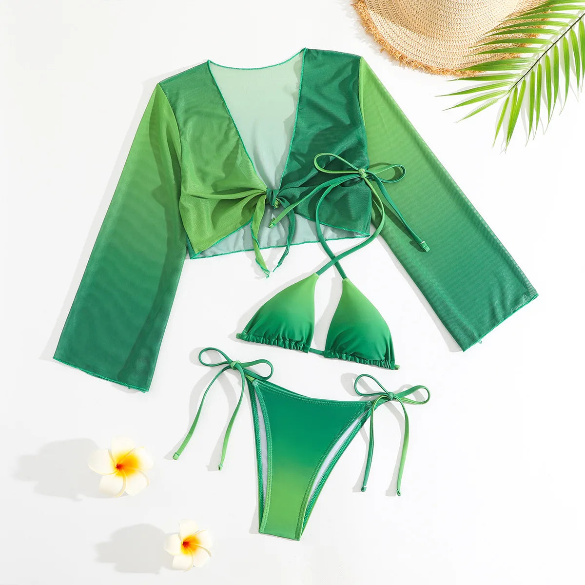 Girls 3pack Thong Bikini with Long Sleeve Cover Ups Kids Swimsuit 7-12 Years Children's Swimwear 2024 Teens Bathing Suit Green