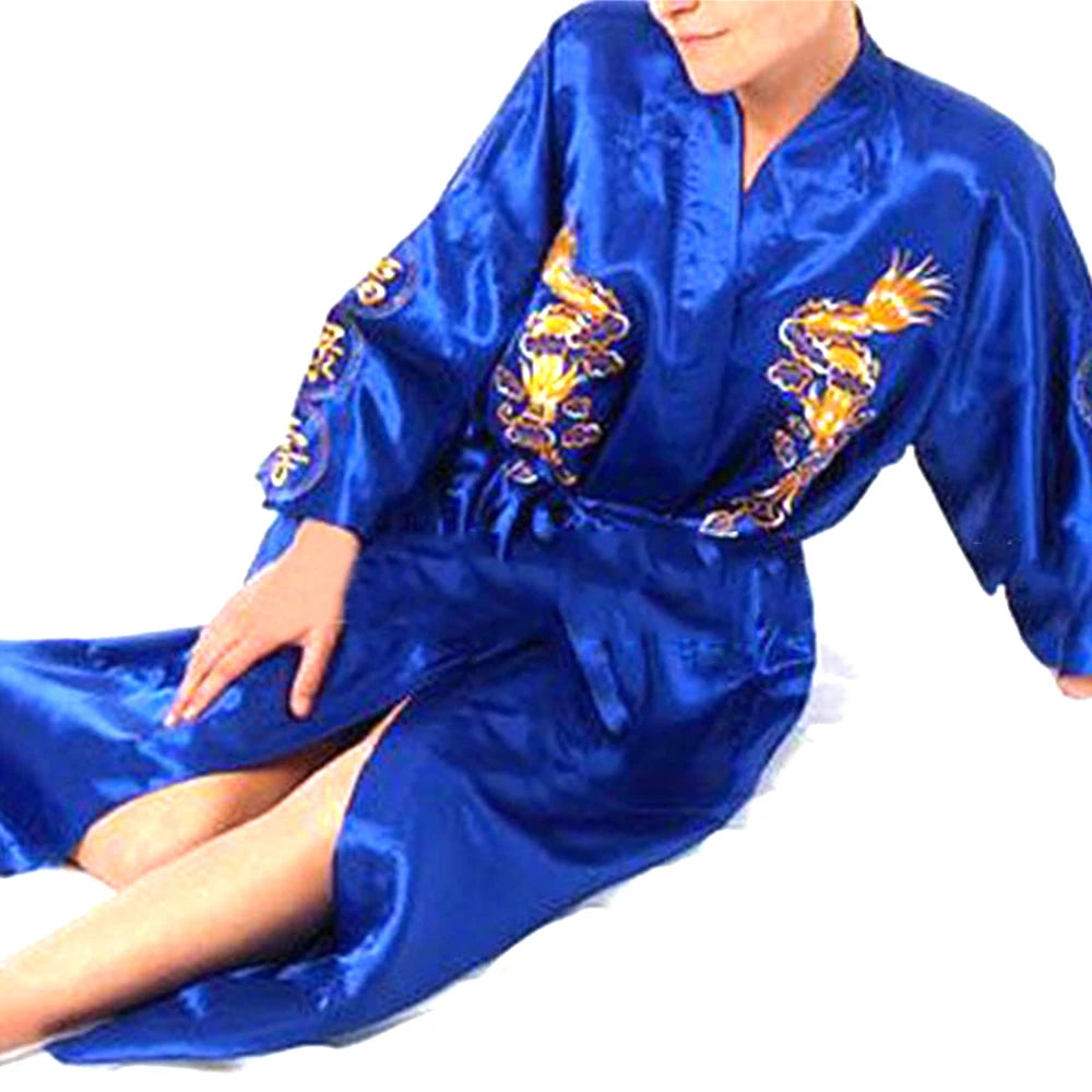 Men's Satin Robes Chinese Style Dragon Embroidery Kimono Silk-like Bathrobe Pajamas Sleepwear Gown Bath Robe