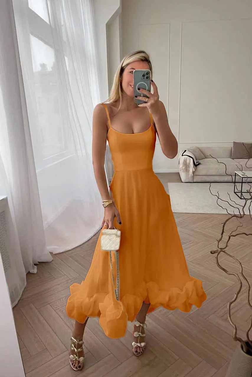 Elegant Ruffle Solid Sling Long Dress Women Strap Waist Party Dresses Fashion Sleeveless Backless Beach Swing skirt A-line tutu