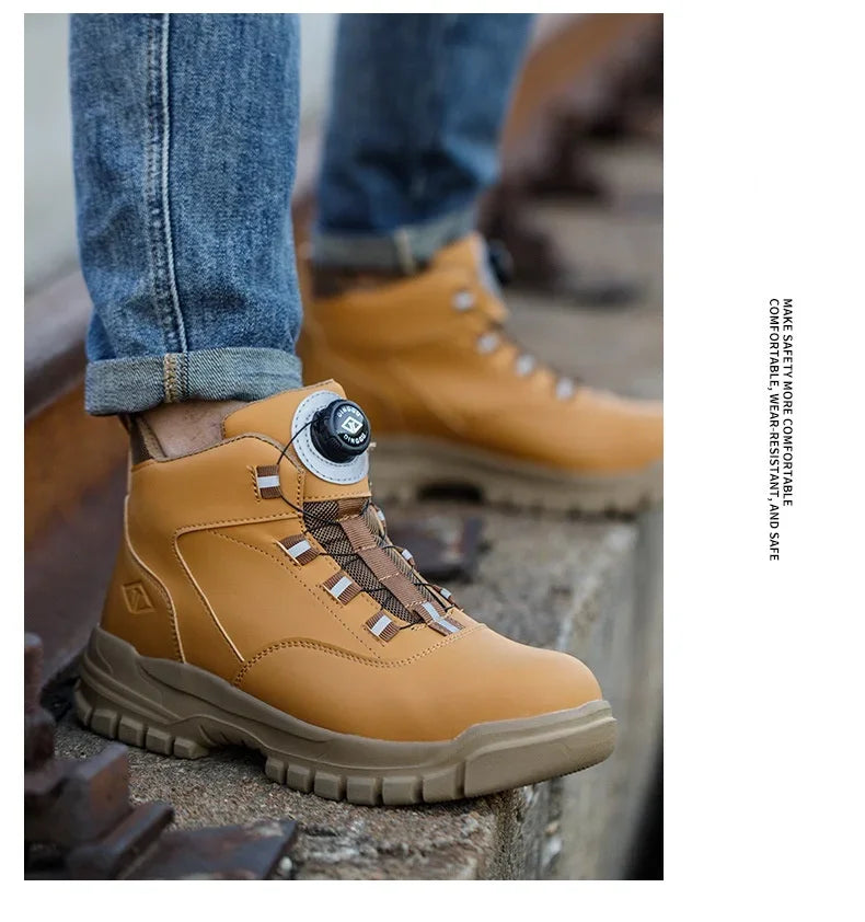 Black Leather Winter Fashion 2023 Rotating Buttons Safety Shoes Men Waterproof Work Boots Men Anti-puncture Protective Footwear