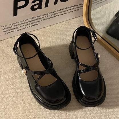 Women Loafers Retro Brown Mary Jane Shoes Women Thick Heels Ankle Buckle Lolita Shoes Woman Uniform Pu Leather Pumps Shoe Female black