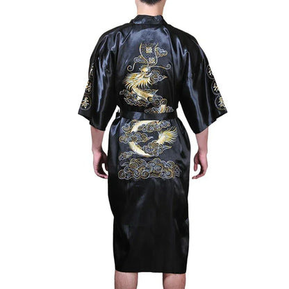 Men's Satin Robes Chinese Style Dragon Embroidery Kimono Silk-like Bathrobe Pajamas Sleepwear Gown Bath Robe