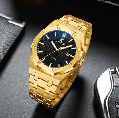 Top Brand Men Golden Watches Royal 3ATM Waterproof Stainless Fashion Business Steel Men's Quartz Wristwatch Calendar Gift Clock