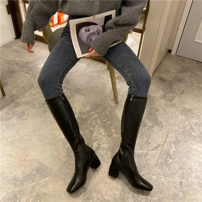 Women Warm Long Boots Woman Knee High Booties Ladies Shoes Platform Thick Heel PU Leather Soft Zipper Woman Fashion Winter 2023