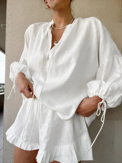 Women Casual 2 Piece Set Cotton Linen Long Sleeve Lace Up Blouse Shirts and Shorts Suit 2024 Summer White Chic Suit Outfits WHITE