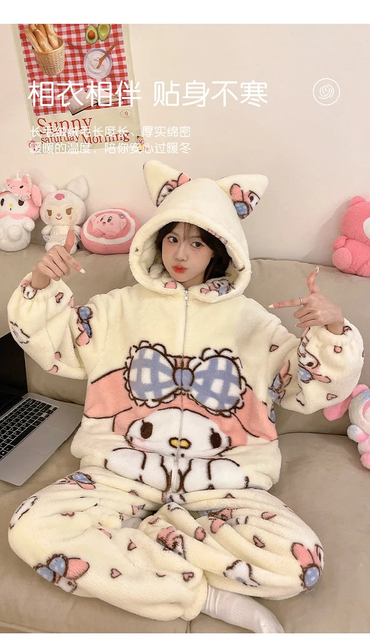 Sanrio Cartoon Hello Kitty Pajamas Female Flannel autumn Winter New Plus Thicken Velvet Sweet Keep Warm Pajamas set leisure wear