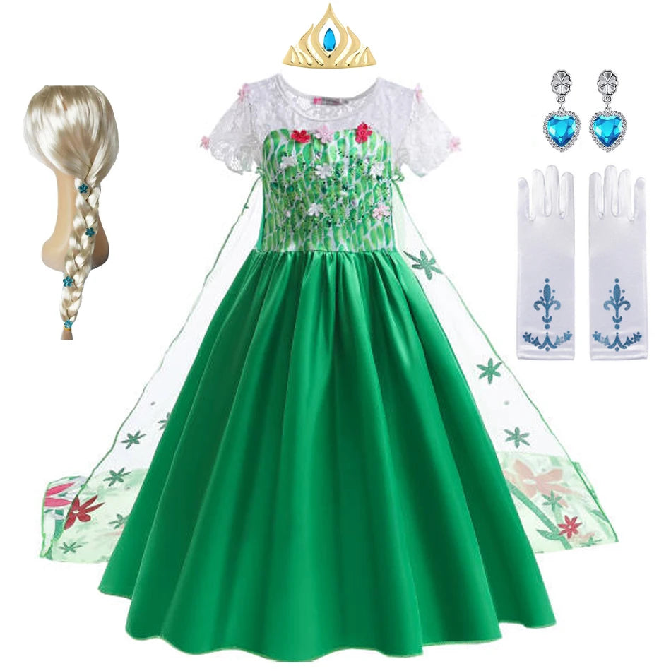 Elsa Dress Girl Princess Dress Cosplay Costume Dresses Baby Kids Clothes Fantasia Vestidos Green For Children