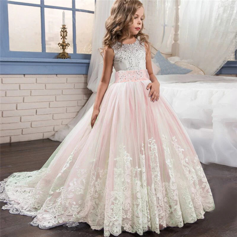 Girls Christmas Dress For Kids Wedding Evening Party Bridesmaid Long Dress Prom Gown Children Teenager New Year Princess Costume pink 03