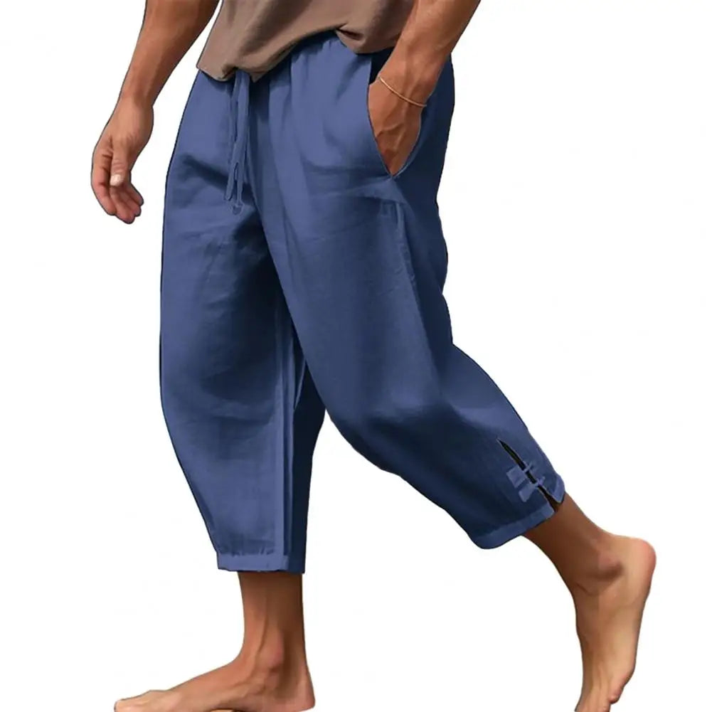 2024 Linen Pants For Men Baggy Large Pocket Bandage Oversize Trousers Loose Harem Casual Pants Male Blue