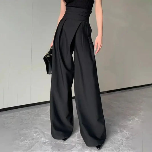 2024 Black Design Wide-Leg Pants Women's Slimming Suit Pant Magic High Waist Loose Straight Drooping Mopping Casual Trousers Black