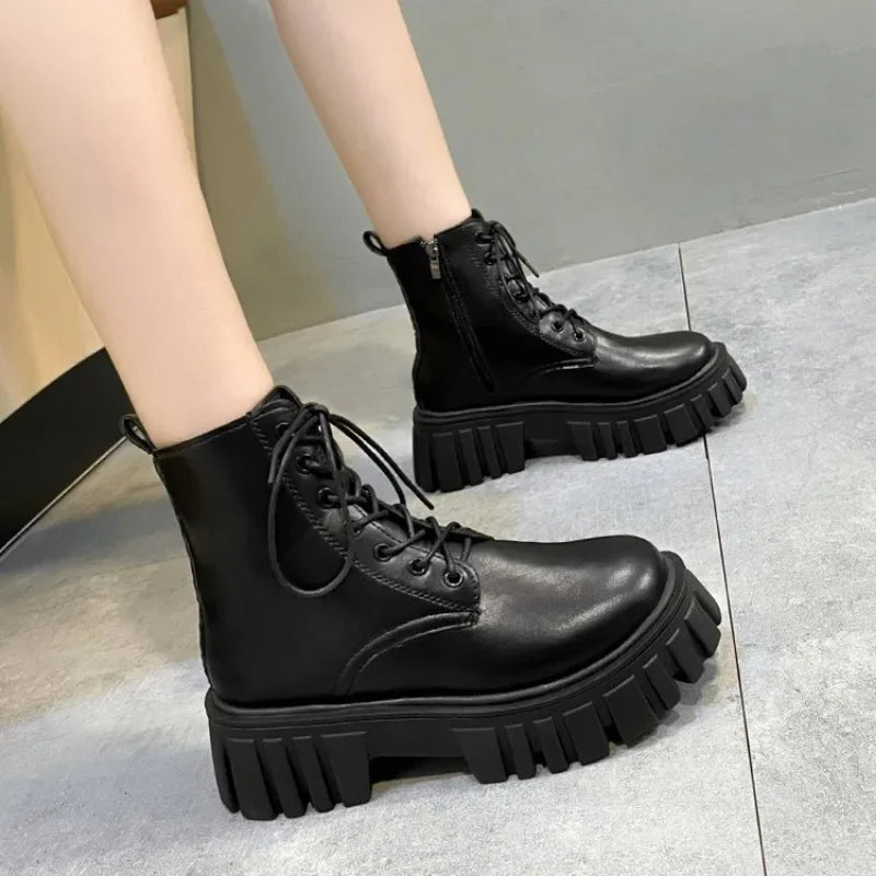 Rimocy Chunky Platform White Ankle Boots Women Autumn Winter Pu Leather Combat Booties Mujer Punk Thick Bottom Motorcycle Boots