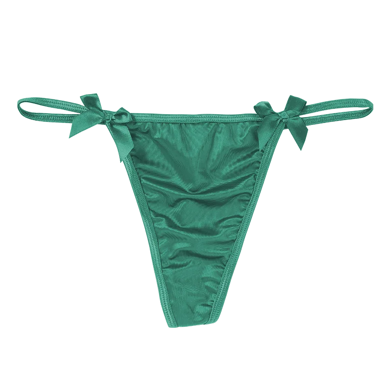 Hot Ice Silk Sexy Panties Metal Chain Briefs Thongs Women's Underwear Seamless Bow G-string Solid Color Female Lingere green 1pc