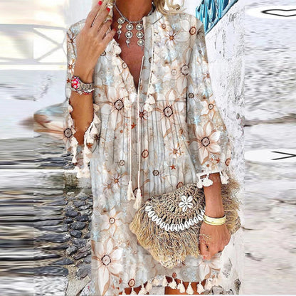 Women Vintage Print V Neck Tassel Mini Dress Casual Loose Three Quarter Sleeve Beach Dress 2024 Spring Summer Party Dress Femme 01