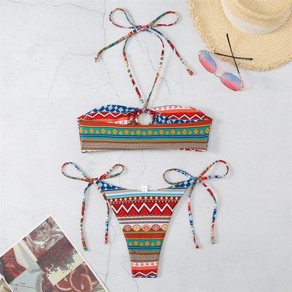 Boho Print Bikini Halter String Bandeau Swimsuit Separate Retro Trend Swimwear Y2K Beach Micro Tanga Women Vacation Bathing Suit