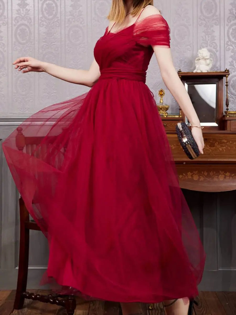 Women's Romantic Off Shoulder Ceremony Dresses Elegant Long Party Wedding Cocktail Bridesmaid Mesh Tulle Midi Wrap Gala Dress