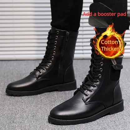 Men Boots Increasd Ankle Boots Metal Side Zipper Men's Boots British Male Motorcycle Boots Quality Mid-Carf Cotton Winter Shoes