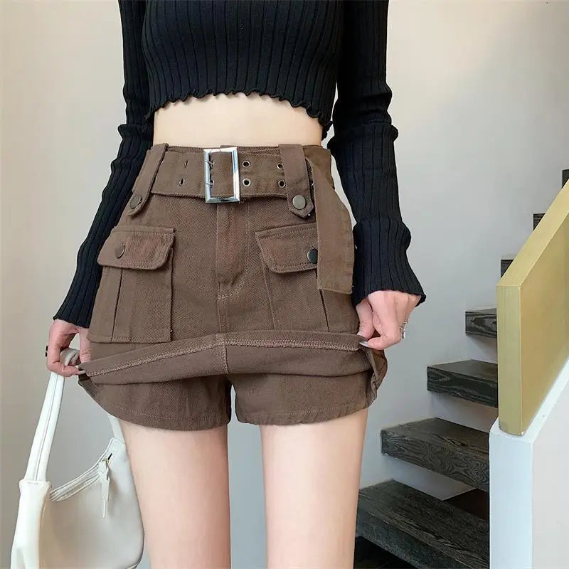 Designer Fake Two-piece Skirts Shorts Women Autumn and Winter High-waisted Y2K A-line Belt Shorts Women's Outwear Cargo Shorts