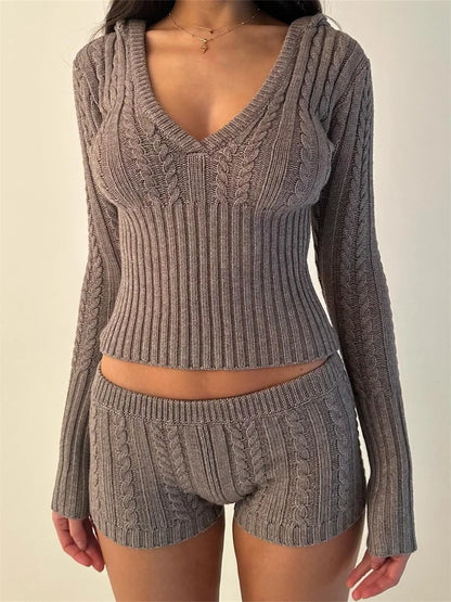 Y2k Women 2 Piece Knitted Outfits Knitted Sweater Top Zipper Jacket Sweatshirt High Waist Pants Set Streetwear